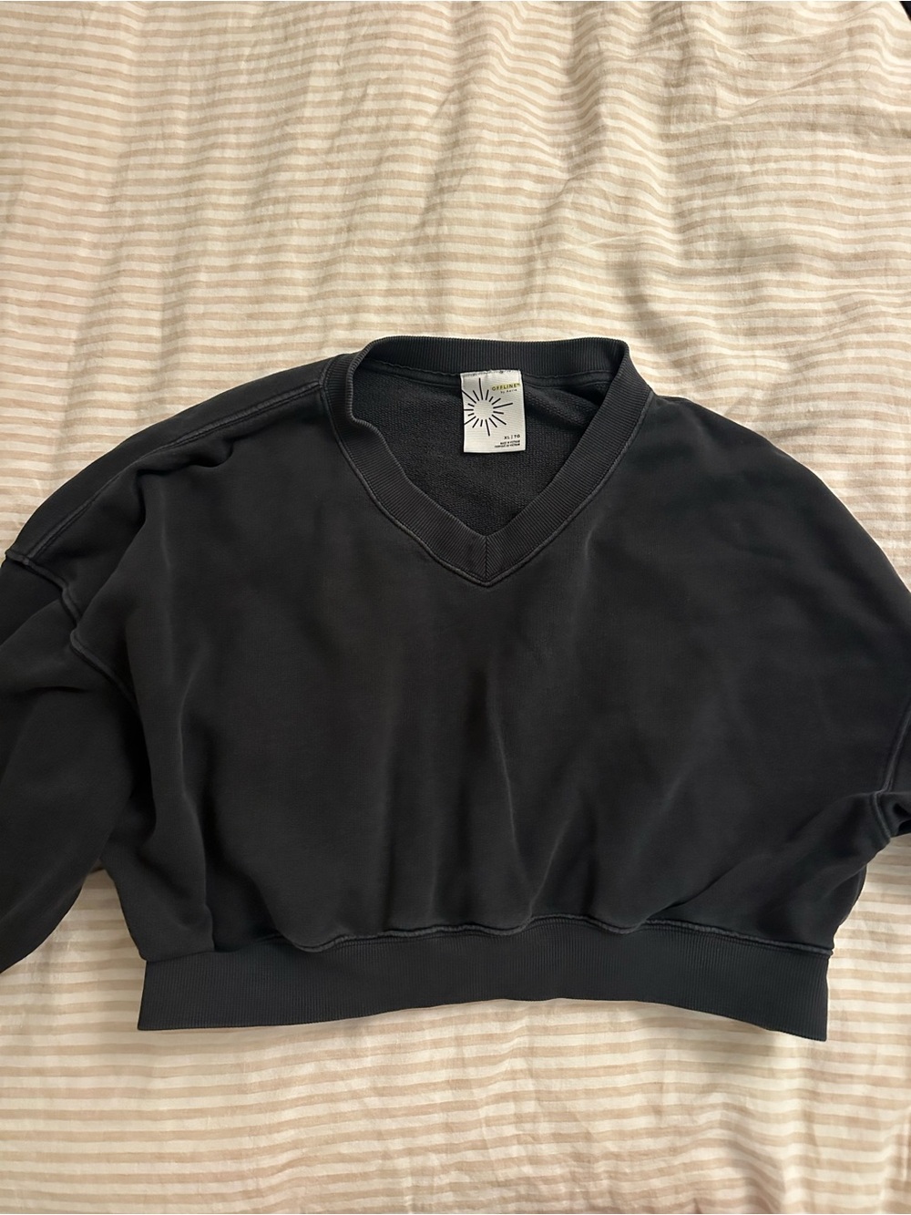 Aerie Washed Black Oversized Cropped V-Neck Sweatshirt XL